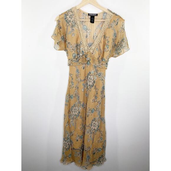 Bisou Bisou Y2K 90s Babydoll Maxi Dress Tan Floral Print Feminine Women Size 8 - Picture 1 of 7